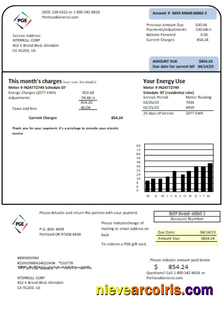 Oregon PGE electricity utility business bill